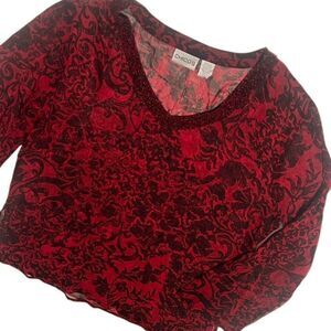 Chico's Deep Red & Black Beaded V Neck Long Sleeves Sheer Silk Top Size Large